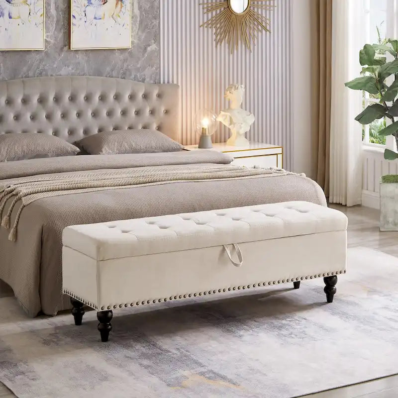 Banc de rangement avec revêtement en tissu et pieds en bois