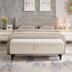 Banc de rangement avec revêtement en tissu et pieds en bois