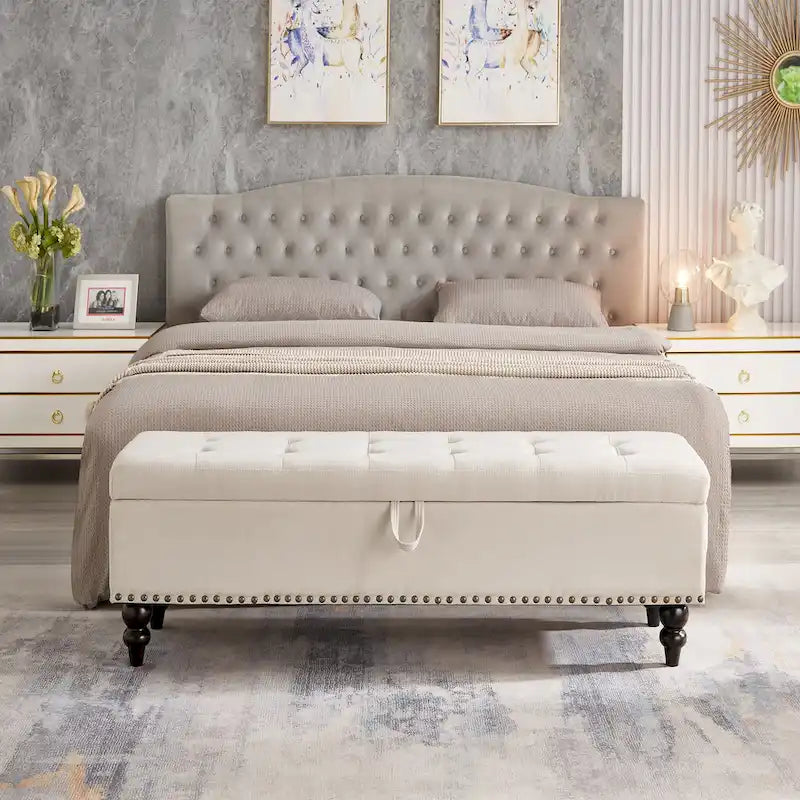 Banc de rangement avec revêtement en tissu et pieds en bois