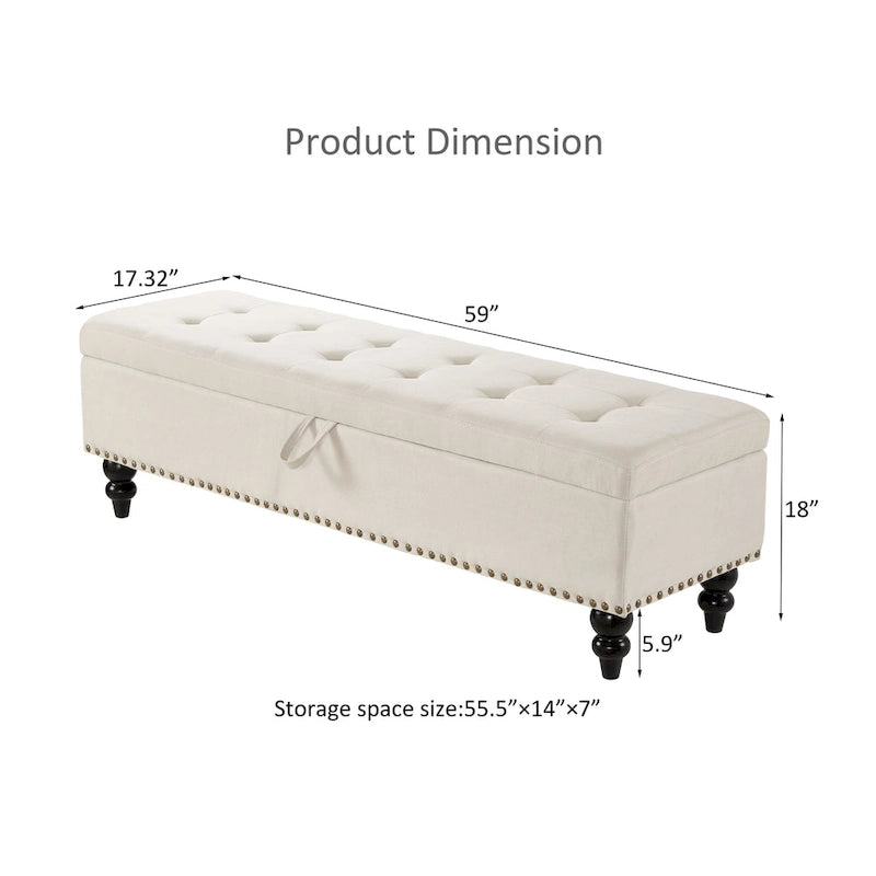 Banc de rangement avec revêtement en tissu et pieds en bois