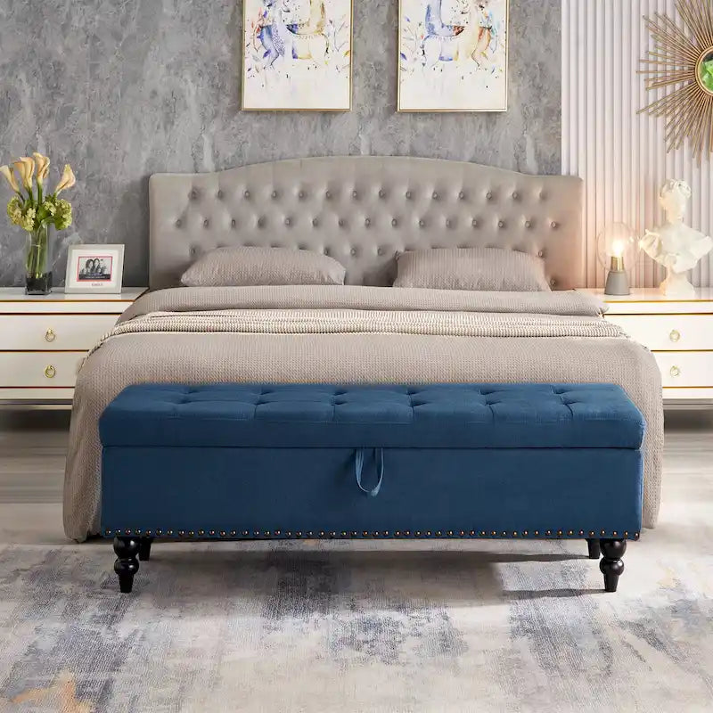Banc de rangement avec revêtement en tissu et pieds en bois