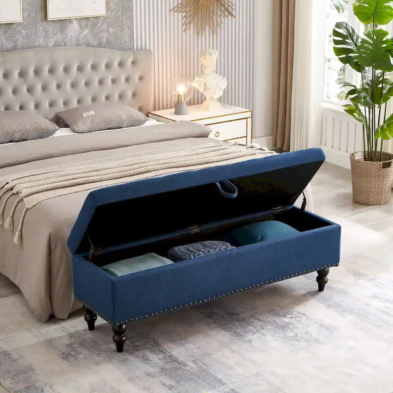 Banc de rangement avec revêtement en tissu et pieds en bois