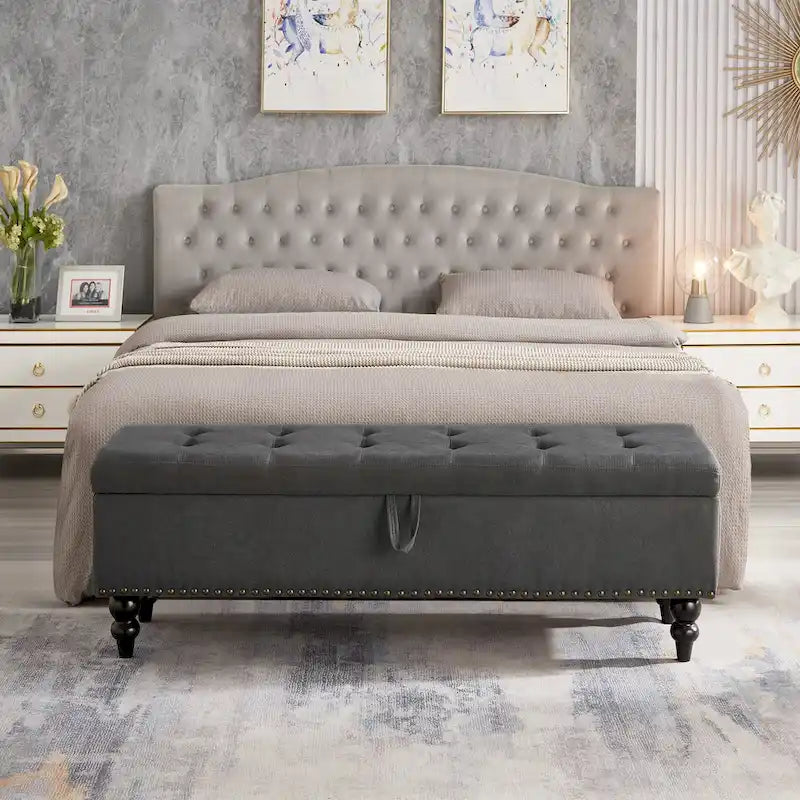 Banc de rangement avec revêtement en tissu et pieds en bois