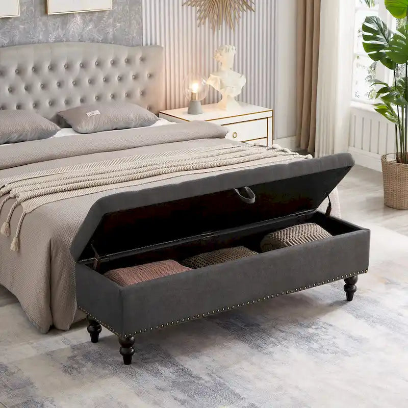 Banc de rangement avec revêtement en tissu et pieds en bois