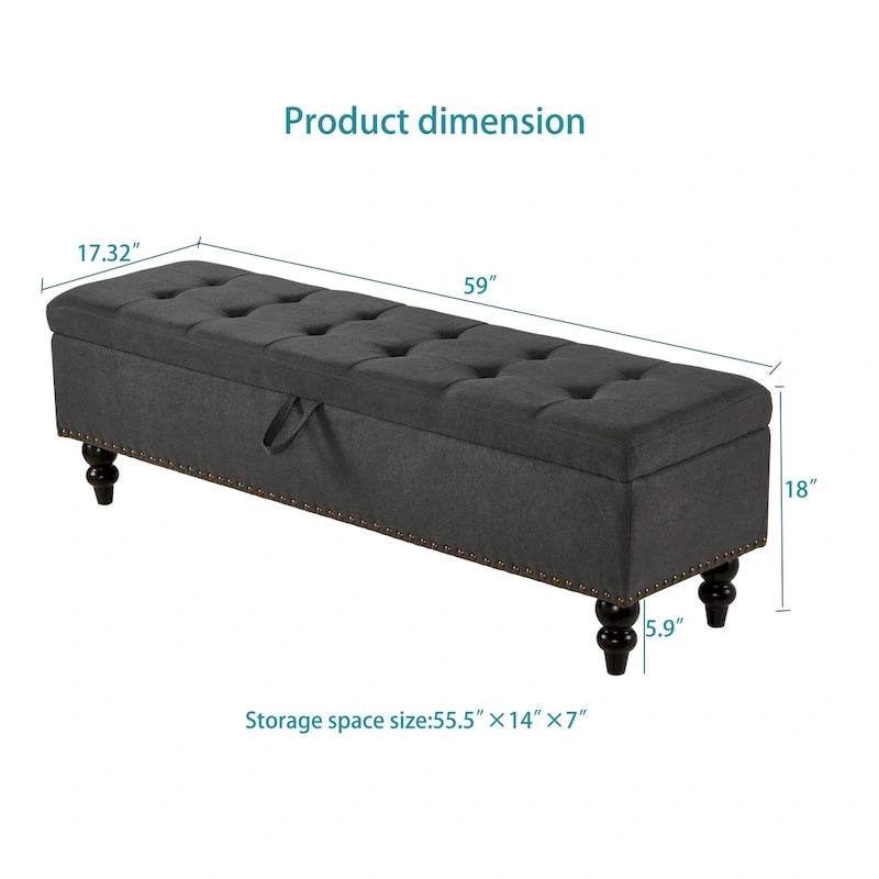 Banc de rangement avec revêtement en tissu et pieds en bois