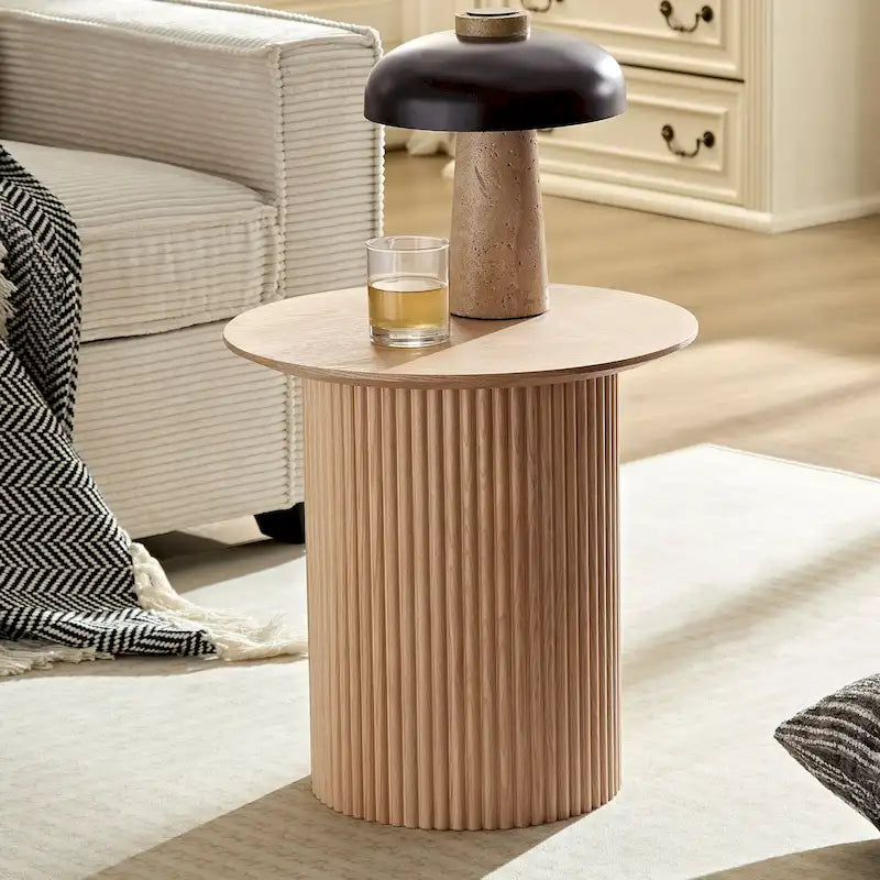 Table d'appoint ronde cannelée de 45 cm de diamètre avec design Tambour, en chêne