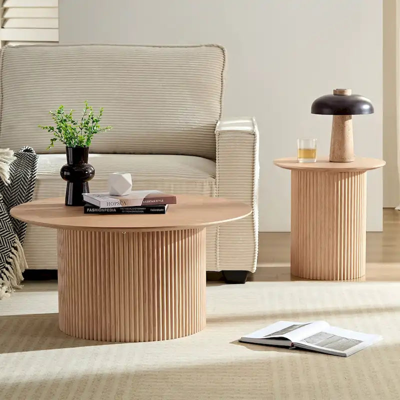 Table d'appoint ronde cannelée de 45 cm de diamètre avec design Tambour, en chêne