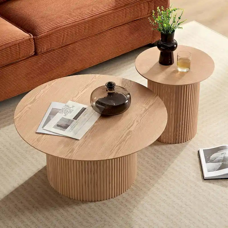 Table d'appoint ronde cannelée de 45 cm de diamètre avec design Tambour, en chêne