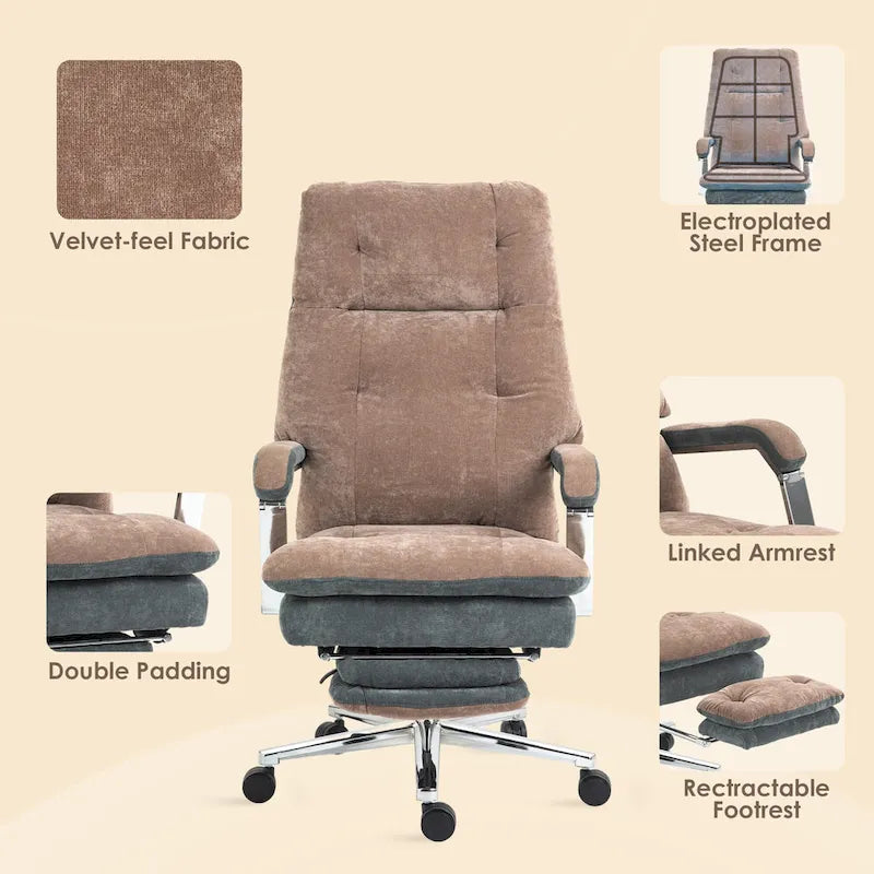 Fauteuil de bureau inclinable en velours surdimensionné avec siège rembourré et roulettes pivotantes