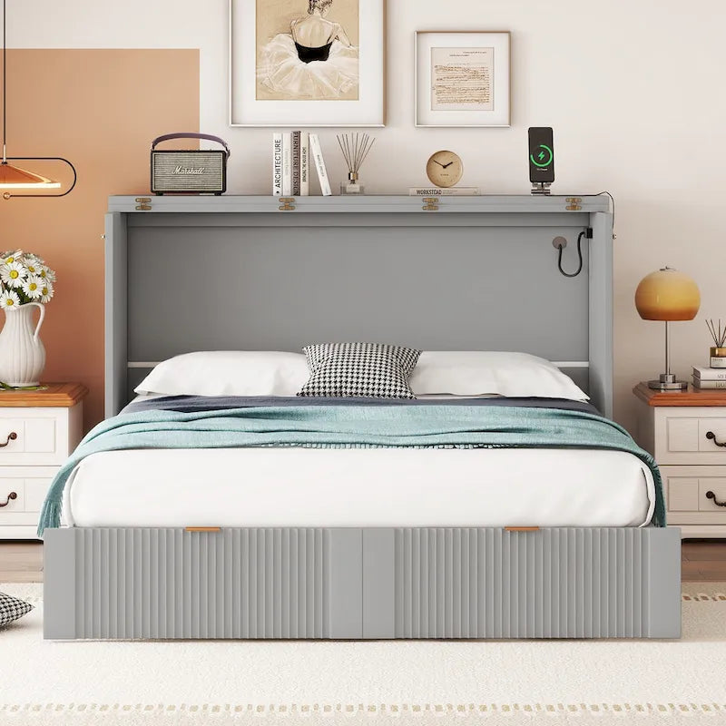 Lit escamotable double avec tiroir, prises et ports USB