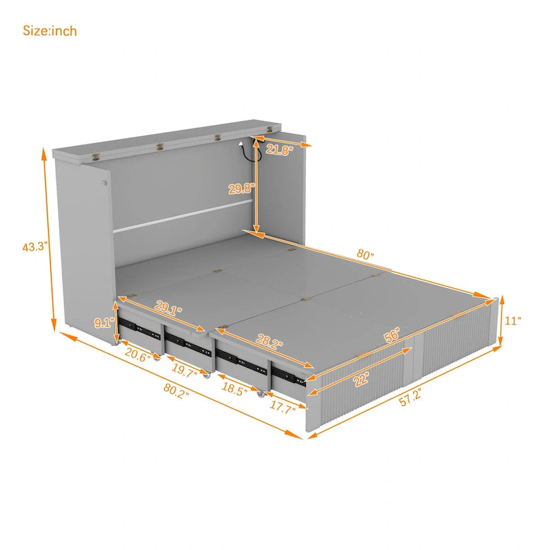 Lit escamotable double avec tiroir, prises et ports USB