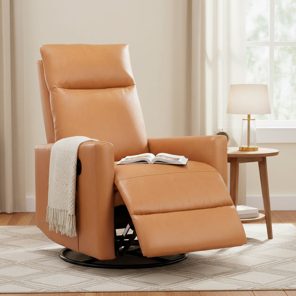 Modern Glider Rocker Chair Linen Upholstered Swivel Manual Recliner Chair High Back Single Sofa with Footrest