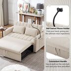 Canapé-lit convertible 2 places avec ports USB, poches latérales, porte-gobelets et support de téléphone pivotant pour salon