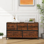 Commode en tissu à 5 tiroirs avec cadre en acier et plateau en bois