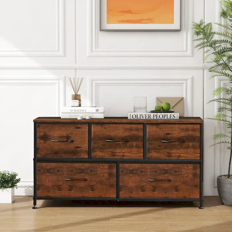 Commode en tissu à 5 tiroirs avec cadre en acier et plateau en bois