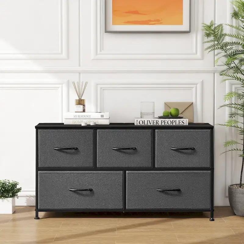 Commode en tissu à 5 tiroirs avec cadre en acier et plateau en bois