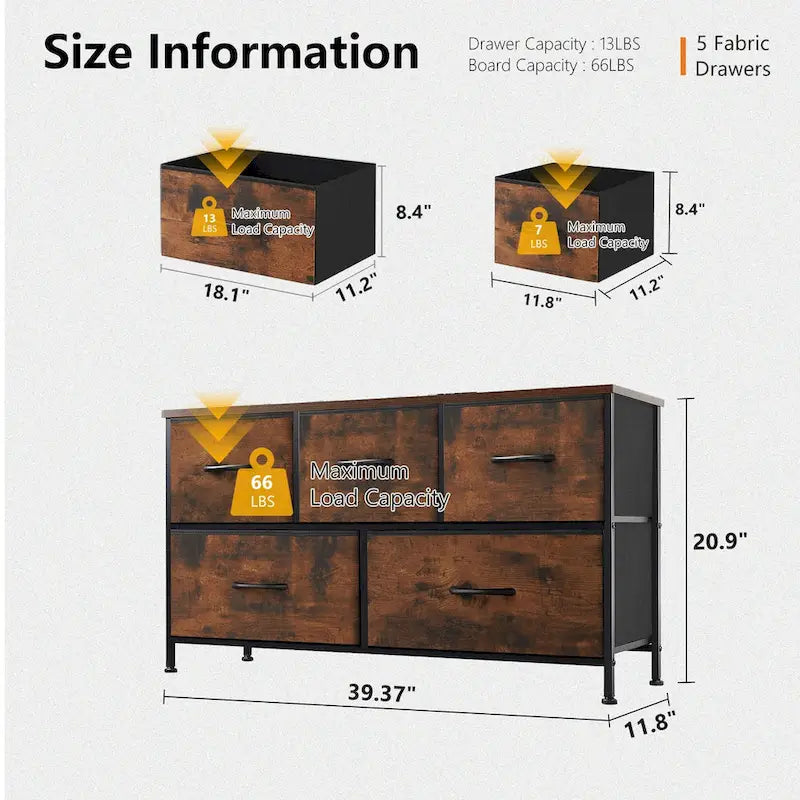 Commode en tissu à 5 tiroirs avec cadre en acier et plateau en bois