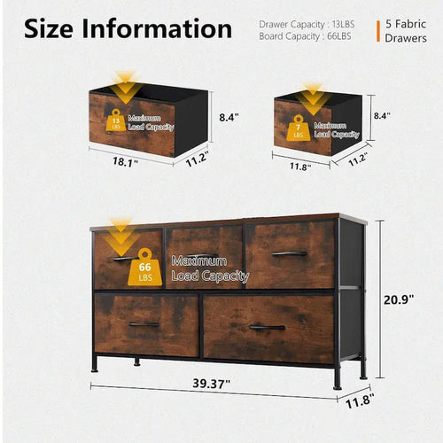 Commode en tissu à 5 tiroirs avec cadre en acier et plateau en bois