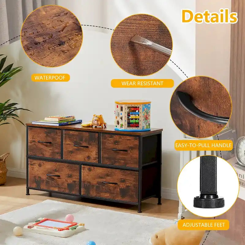 Commode en tissu à 5 tiroirs avec cadre en acier et plateau en bois