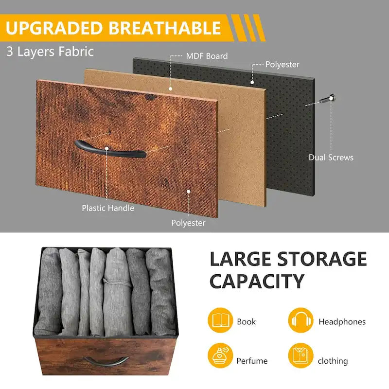 Commode en tissu à 5 tiroirs avec cadre en acier et plateau en bois