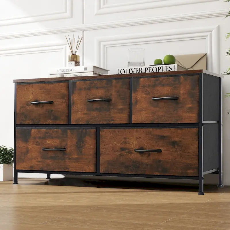 Commode en tissu à 5 tiroirs avec cadre en acier et plateau en bois