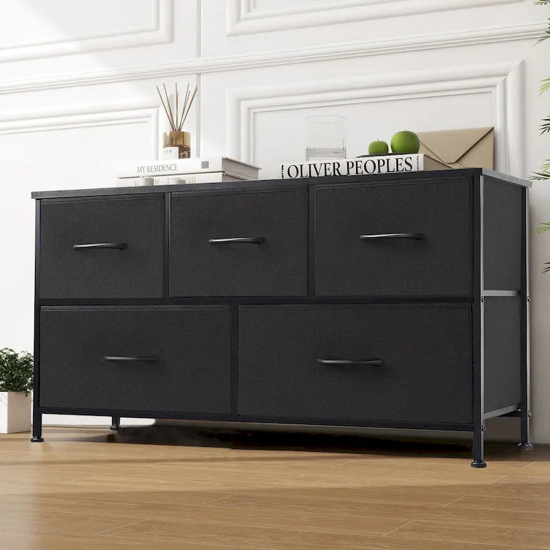 Commode en tissu à 5 tiroirs avec cadre en acier et plateau en bois