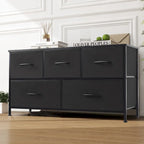 Commode en tissu à 5 tiroirs avec cadre en acier et plateau en bois