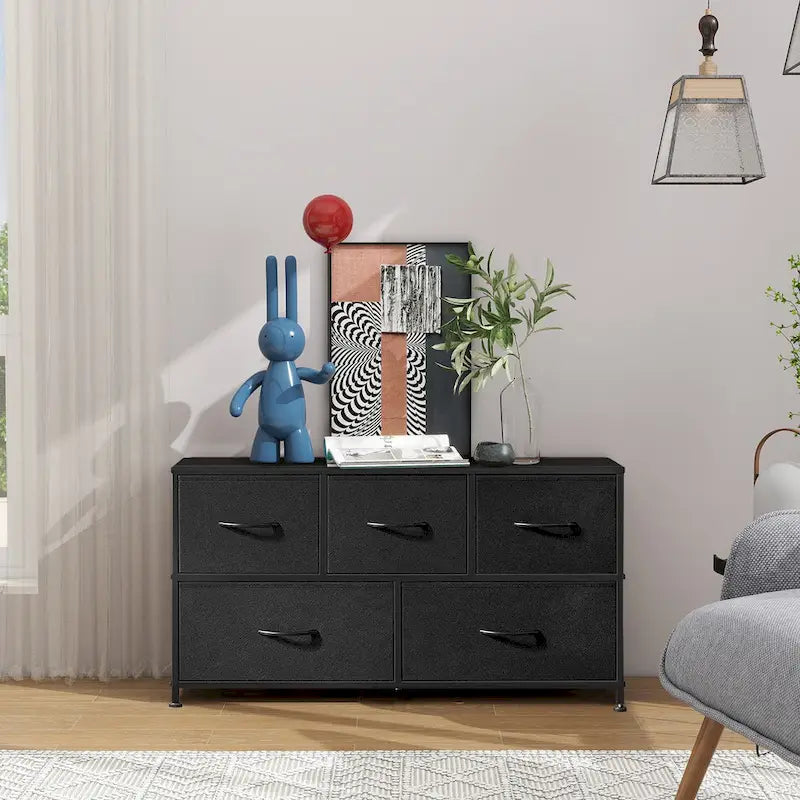 Commode en tissu à 5 tiroirs avec cadre en acier et plateau en bois