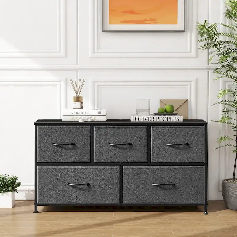 Commode en tissu à 5 tiroirs avec cadre en acier et plateau en bois