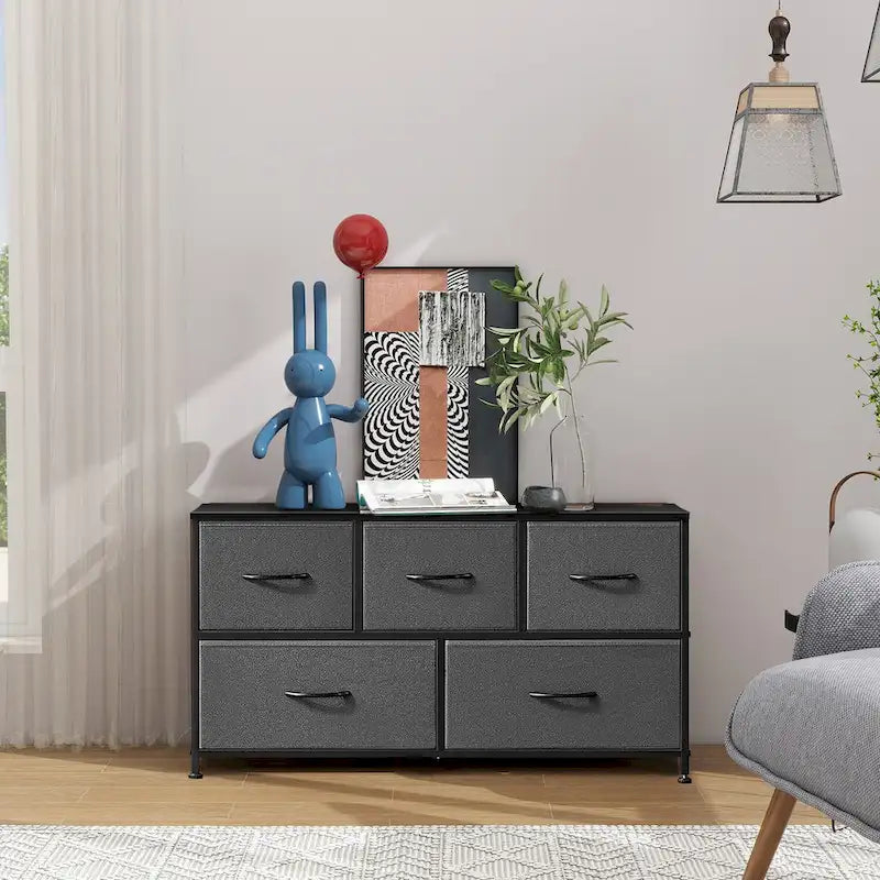 Commode en tissu à 5 tiroirs avec cadre en acier et plateau en bois