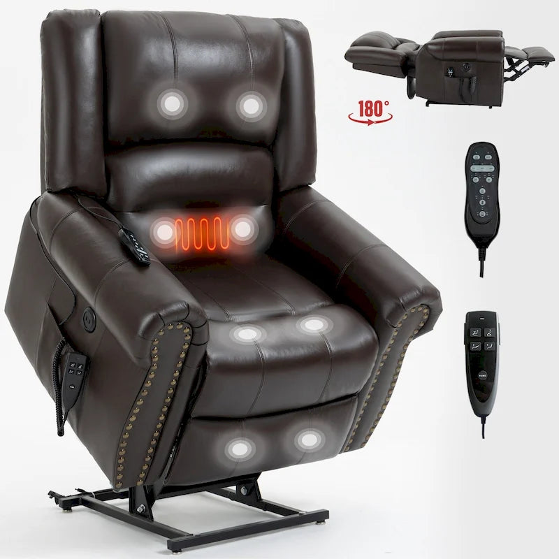 Fauteuil inclinable releveur avec double moteur, chauffage et massage, ports USB et inclinaison infinie