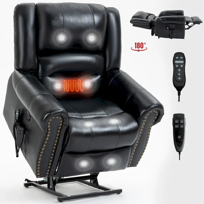 Fauteuil inclinable releveur avec double moteur, chauffage et massage, ports USB et inclinaison infinie