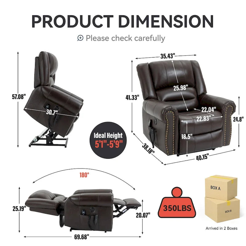 Fauteuil inclinable releveur avec double moteur, chauffage et massage, ports USB et inclinaison infinie