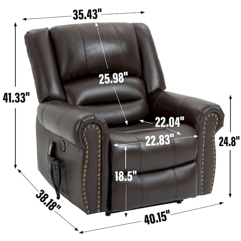 Fauteuil inclinable releveur avec double moteur, chauffage et massage, ports USB et inclinaison infinie