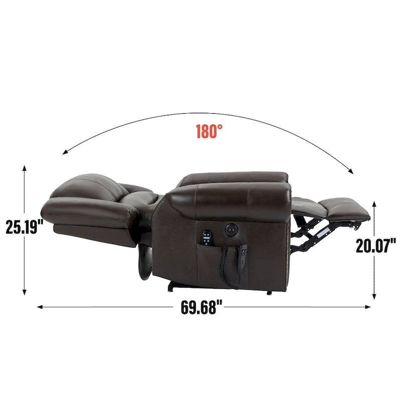 Fauteuil inclinable releveur avec double moteur, chauffage et massage, ports USB et inclinaison infinie