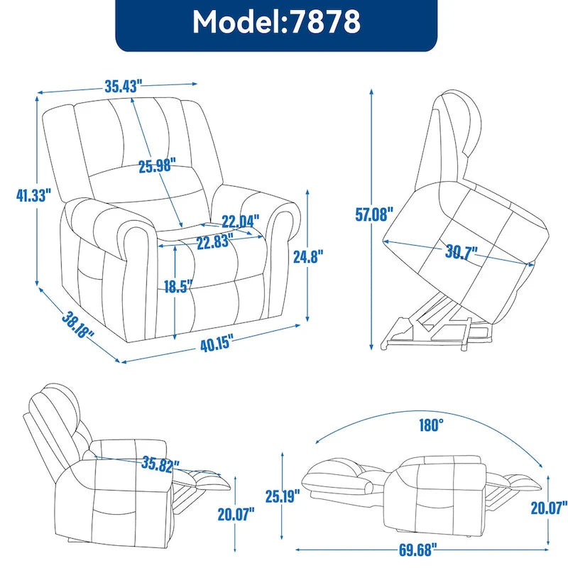 Fauteuil inclinable releveur avec double moteur, chauffage et massage, ports USB et inclinaison infinie