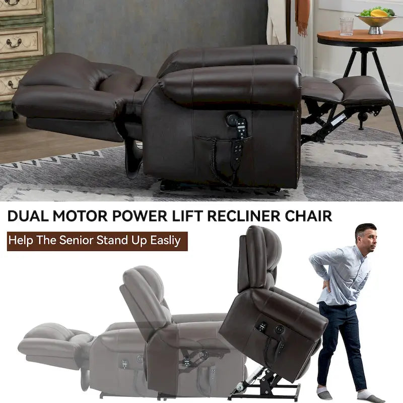 Fauteuil inclinable releveur avec double moteur, chauffage et massage, ports USB et inclinaison infinie
