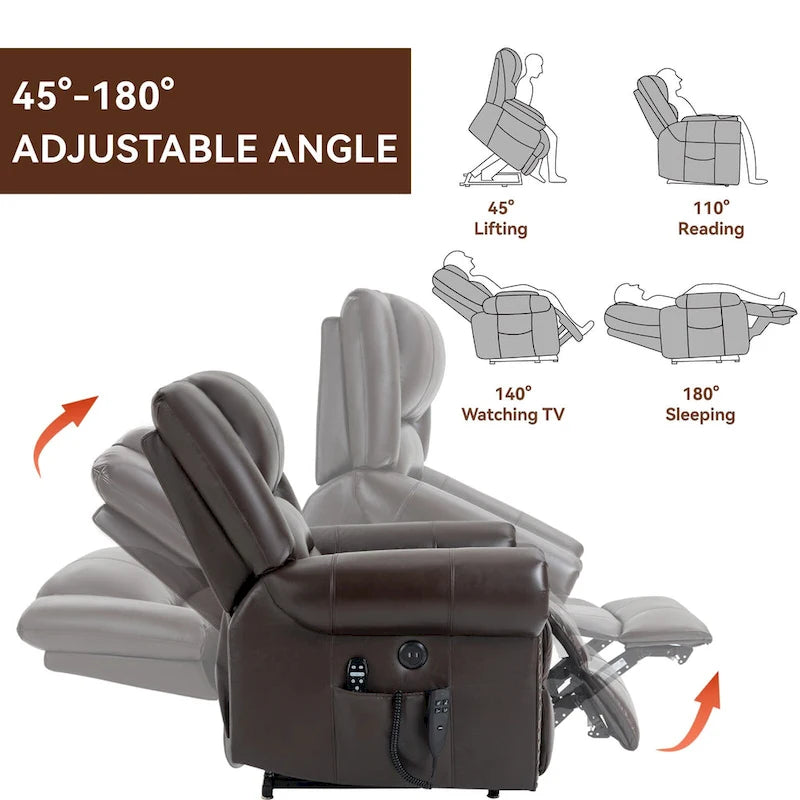 Fauteuil inclinable releveur avec double moteur, chauffage et massage, ports USB et inclinaison infinie