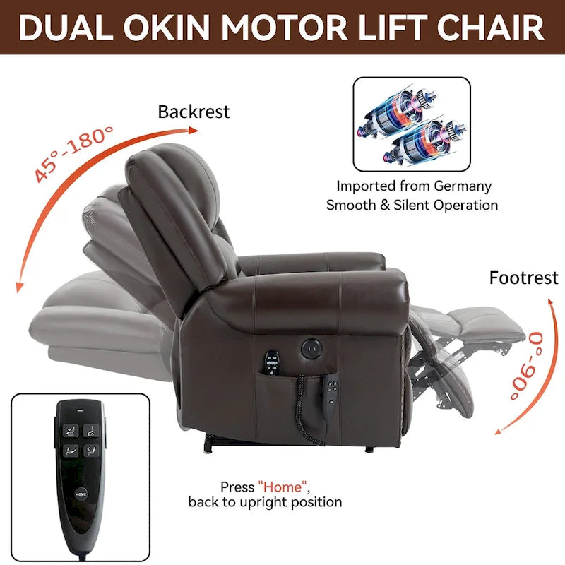 Fauteuil inclinable releveur avec double moteur, chauffage et massage, ports USB et inclinaison infinie