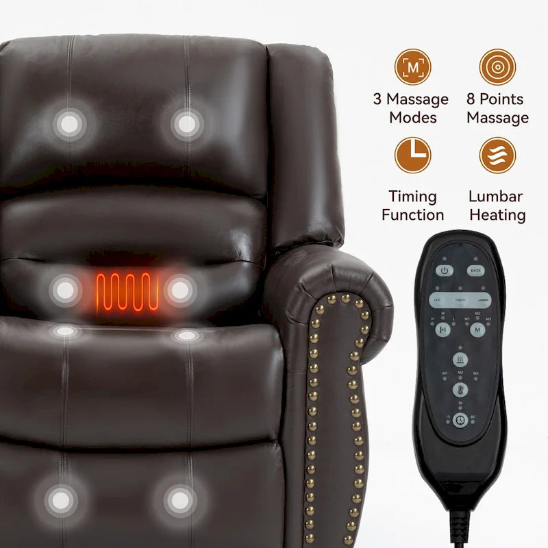 Fauteuil inclinable releveur avec double moteur, chauffage et massage, ports USB et inclinaison infinie