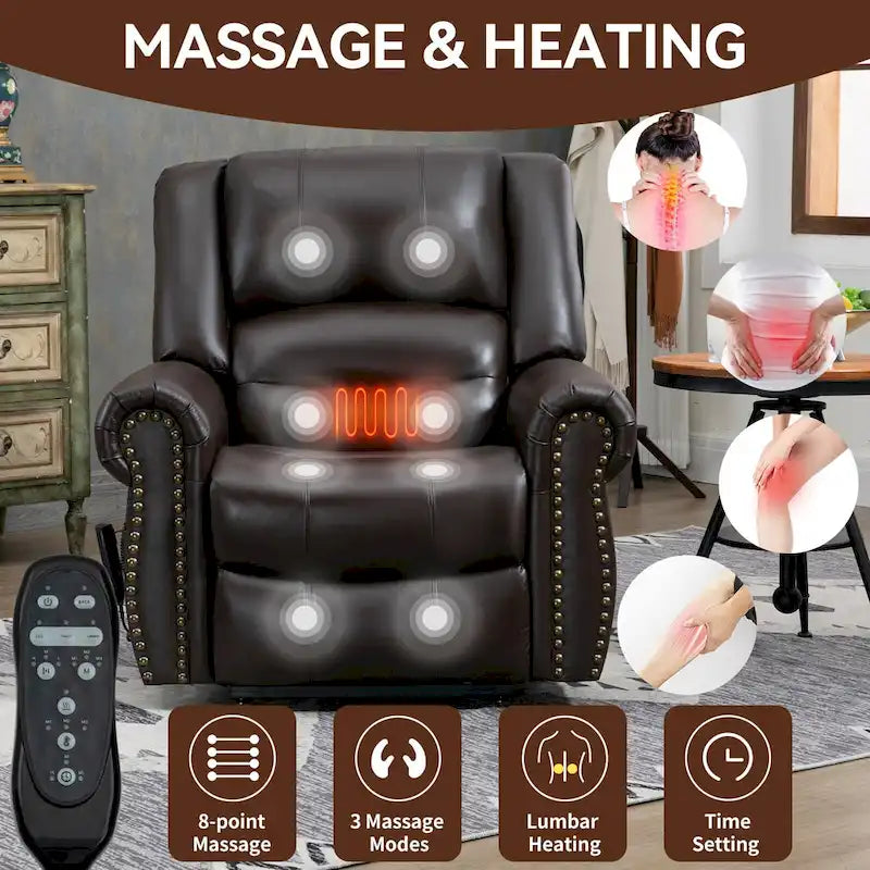 Fauteuil inclinable releveur avec double moteur, chauffage et massage, ports USB et inclinaison infinie