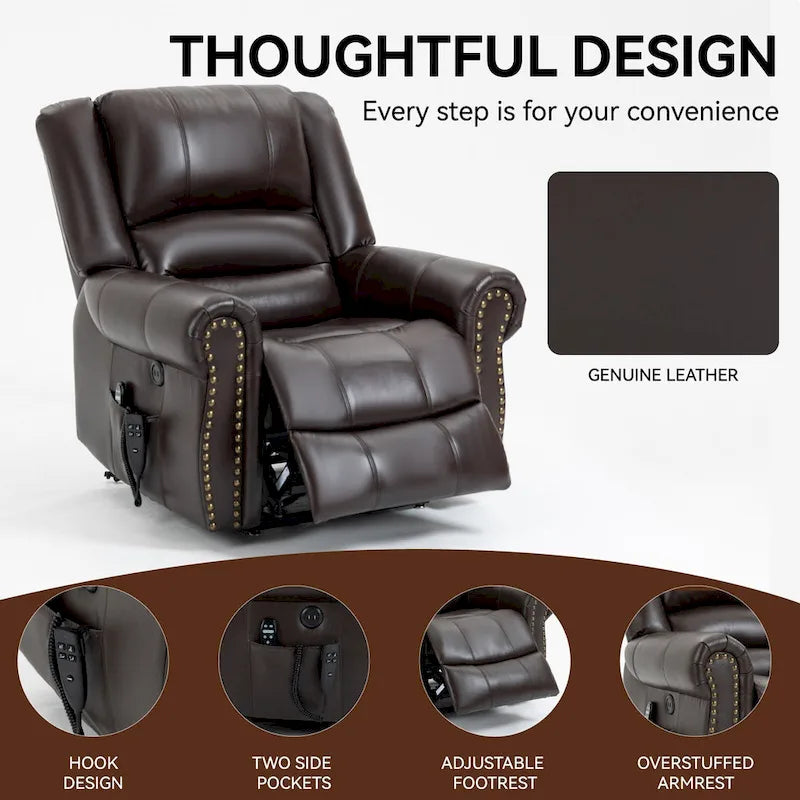 Fauteuil inclinable releveur avec double moteur, chauffage et massage, ports USB et inclinaison infinie