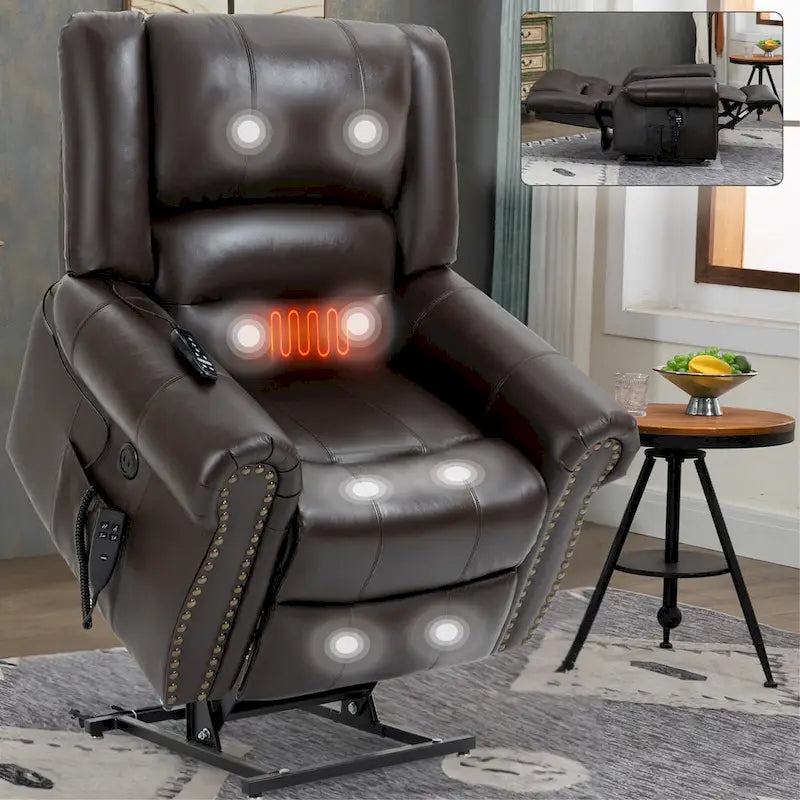 Fauteuil inclinable releveur avec double moteur, chauffage et massage, ports USB et inclinaison infinie