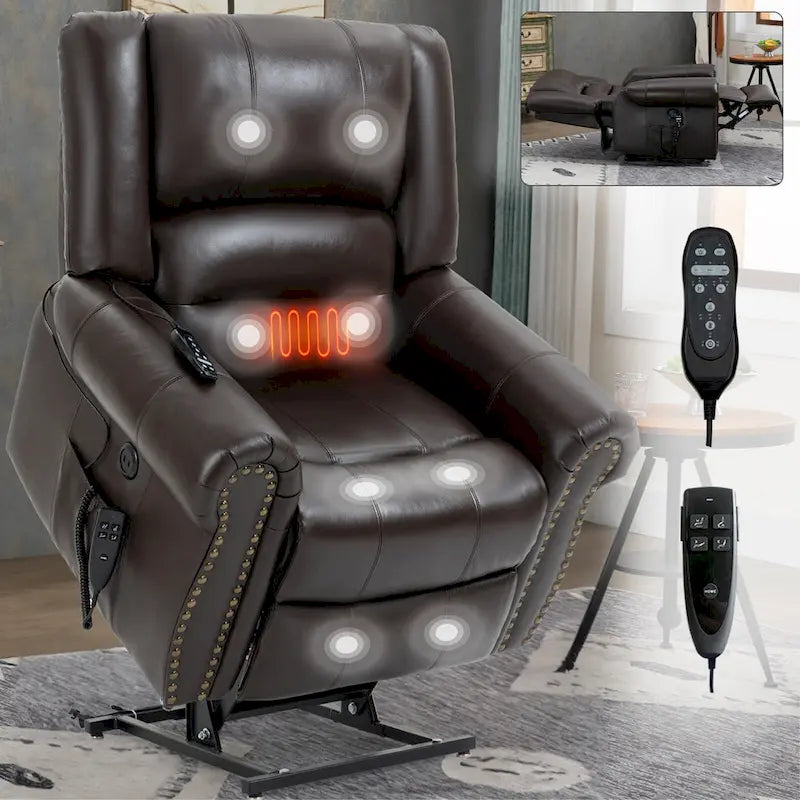 Fauteuil inclinable releveur avec double moteur, chauffage et massage, ports USB et inclinaison infinie