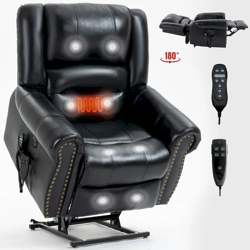 Fauteuil inclinable releveur avec double moteur, chauffage et massage, ports USB et inclinaison infinie