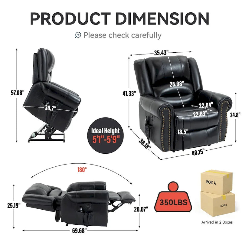 Fauteuil inclinable releveur avec double moteur, chauffage et massage, ports USB et inclinaison infinie