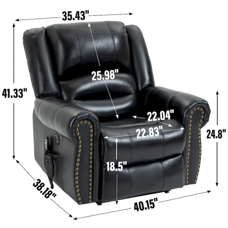 Fauteuil inclinable releveur avec double moteur, chauffage et massage, ports USB et inclinaison infinie