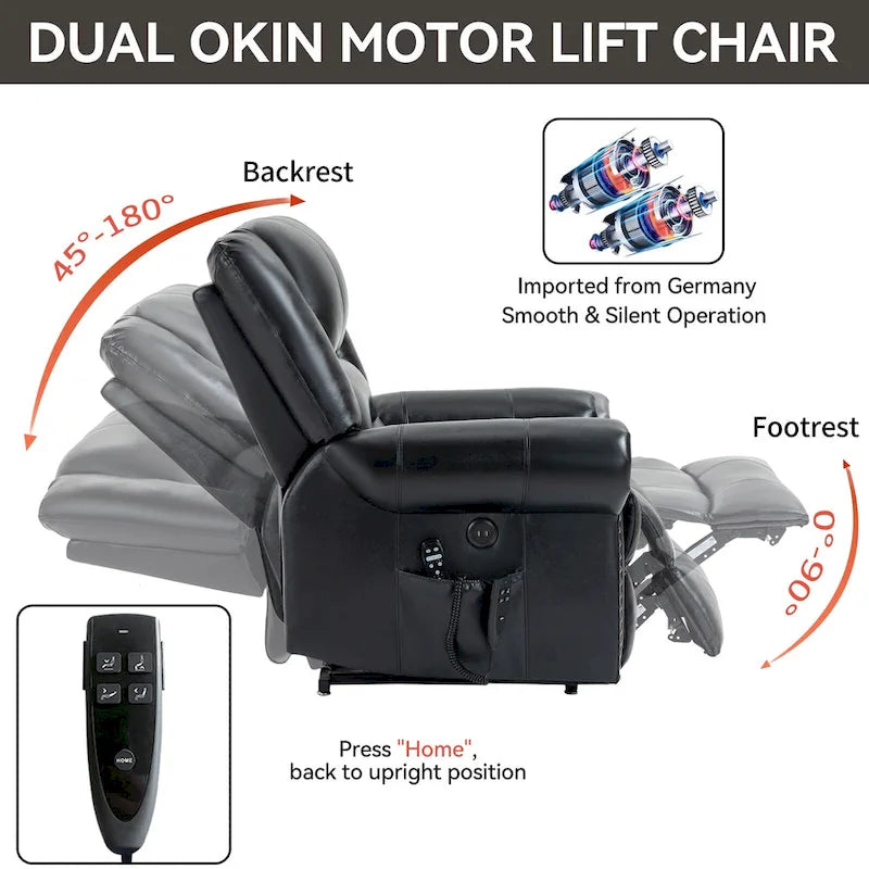 Fauteuil inclinable releveur avec double moteur, chauffage et massage, ports USB et inclinaison infinie