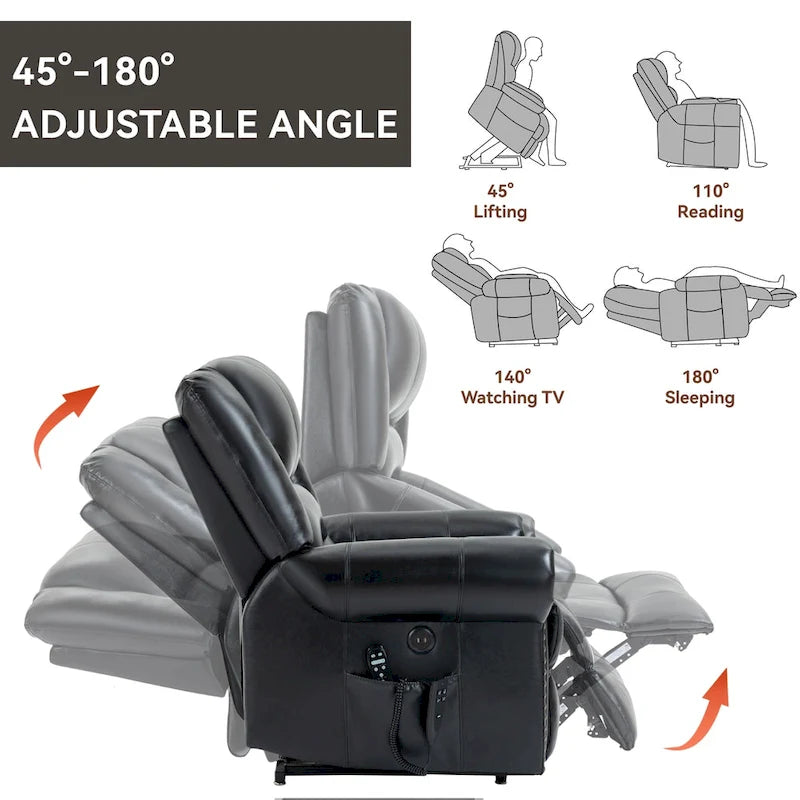 Fauteuil inclinable releveur avec double moteur, chauffage et massage, ports USB et inclinaison infinie