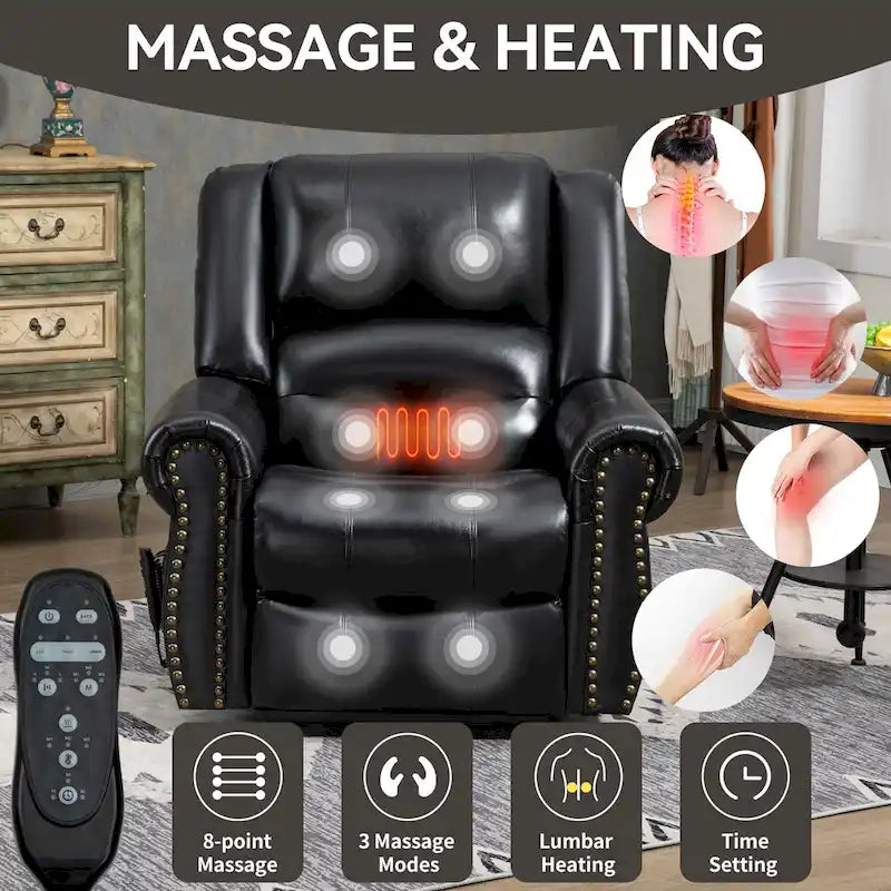 Fauteuil inclinable releveur avec double moteur, chauffage et massage, ports USB et inclinaison infinie